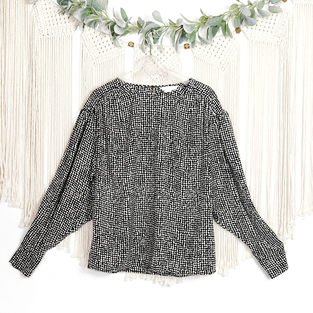 H&M Black White Puffy Sleeves Dropped Shoulder Blouse, Long Sleeve